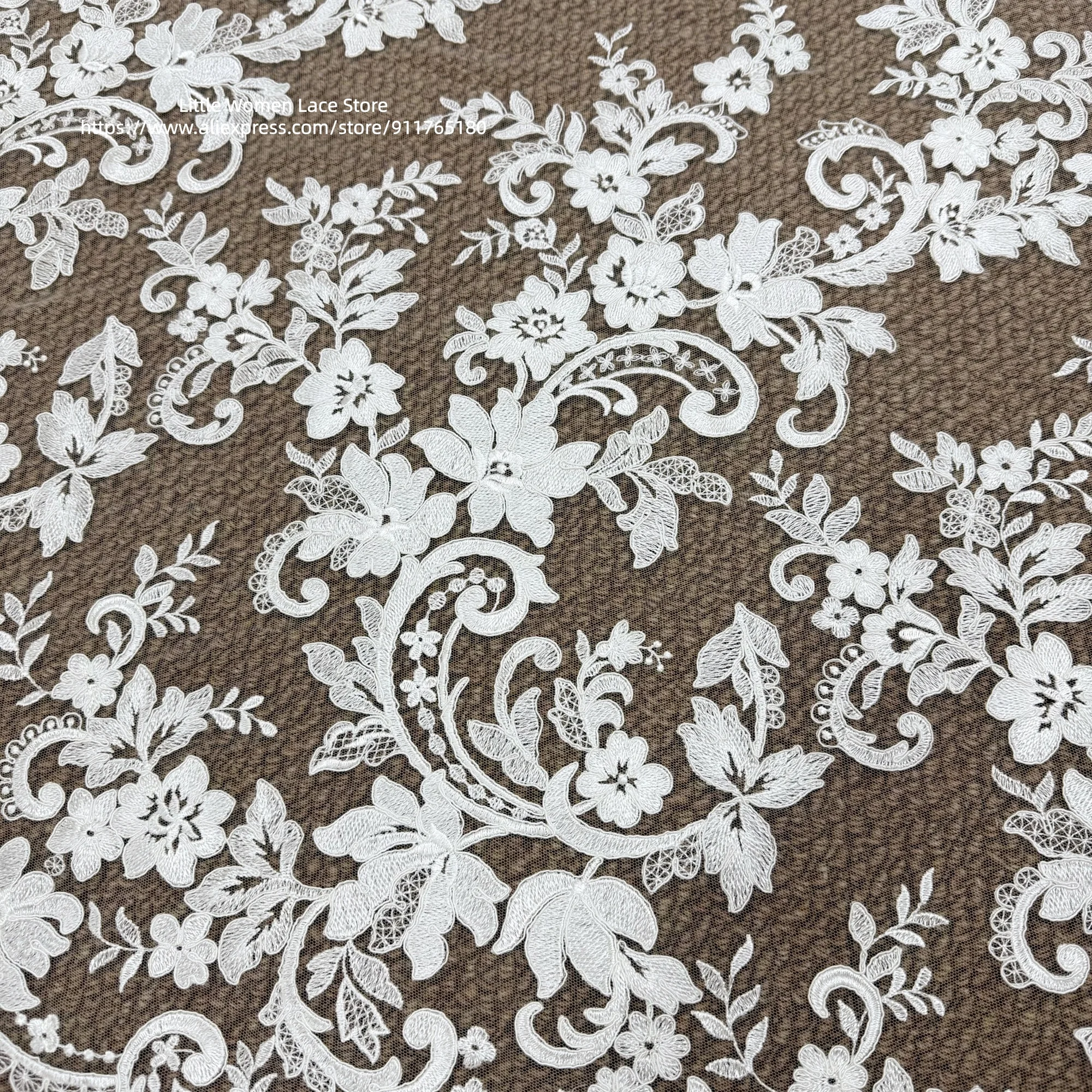 Dense Embroidery Rayon Lace Tulle Mesh Ivory Cord Lace Wedding Dress Gowns Lace Material 1.3M Wide, 1Yard 91CM Long Continuous