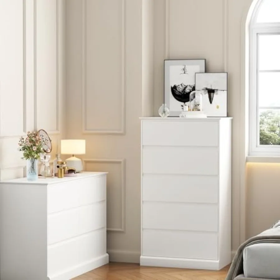 Dresser for Bedroom, Modern Tall 5 Drawer Dresser, Modern Wood Chest of Drawers for Bedroom, Living Room, Entryway