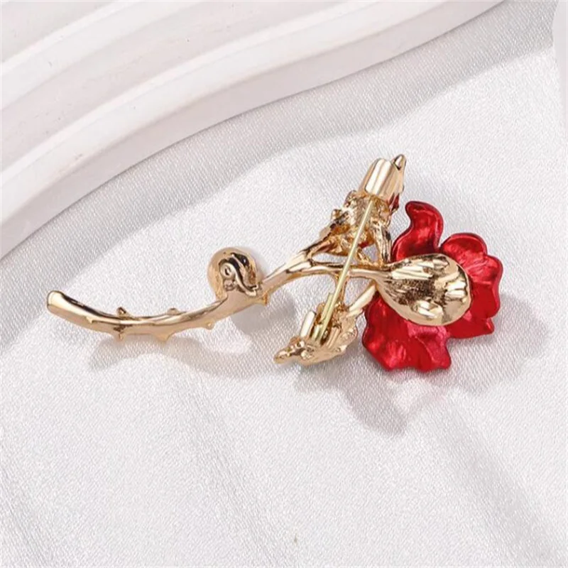 Elegant Temperament Red Rose Pearl Brooch Pins For Women Fashion Enamel Flower Corsage Wedding Party Jewelry Accessories Gift image 4