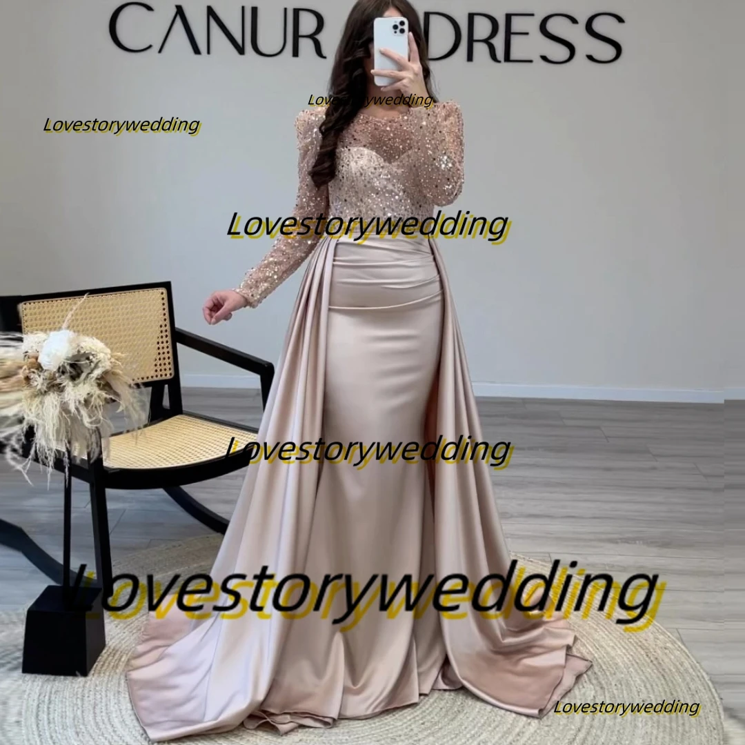 

Lovestory Sparkling Sequins Long Sleeves Prom Dresses Mermaid Dubai Party Saudi Arabia Women Wear Overskirts Evening Gowns