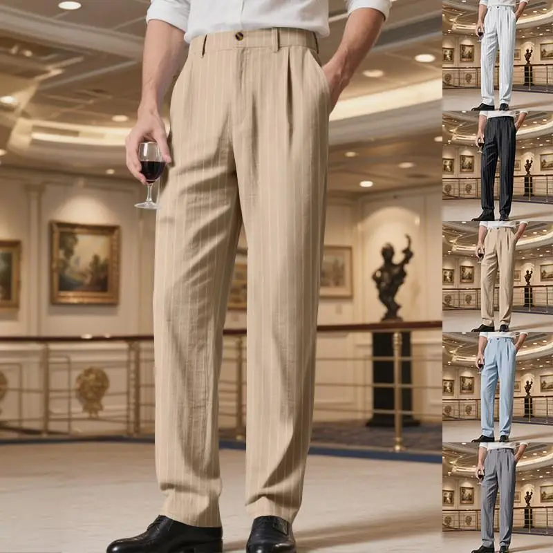 

Мужские свободные прямые брюки в полоску для делового повседневного стиля, осенние, без бренда, без зарегистрированной торговой марки