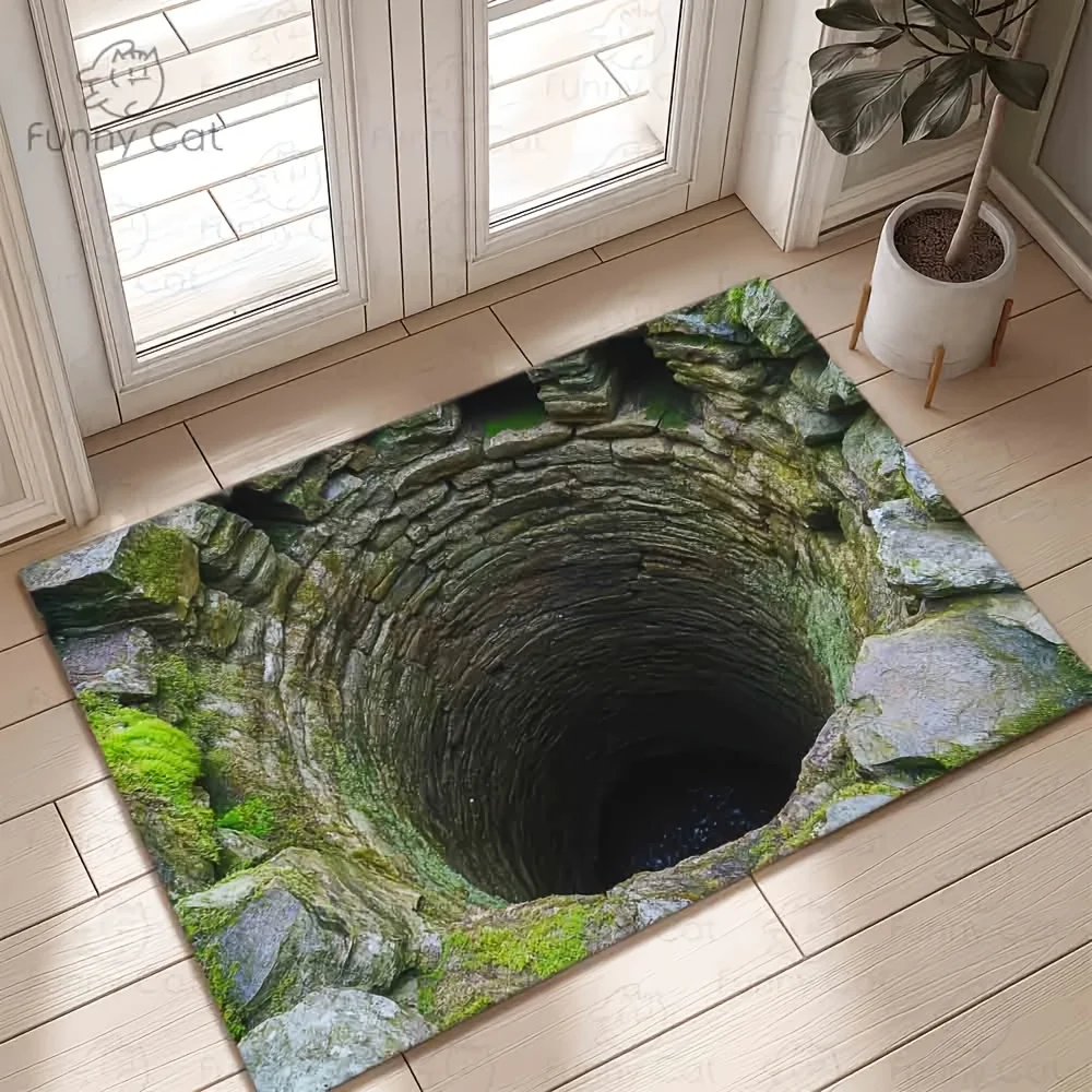 2D Visual Cave Pool Entrance Mat Rocky Stone Blue Water Scenery Rug Natural Landscape Decor Mat for Front Door Entryway