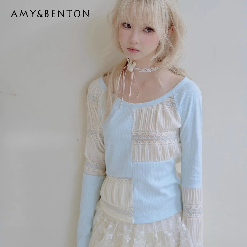 

Vintage Beige Lace Splicing Blue Knitted Irregular Women's Bottoming Shirt Autumn New Round Neck Long Sleeve T-Shirts Ladies