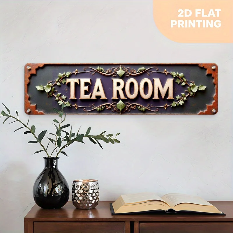 لافتة حائط معدنية مسطحة ثنائية الأبعاد لغرفة الشاي العتيقة - ديكور متجر الشاي مع أوراق مزخرفة وحواف كرمة - حروف شاي بني داكن وذهبي