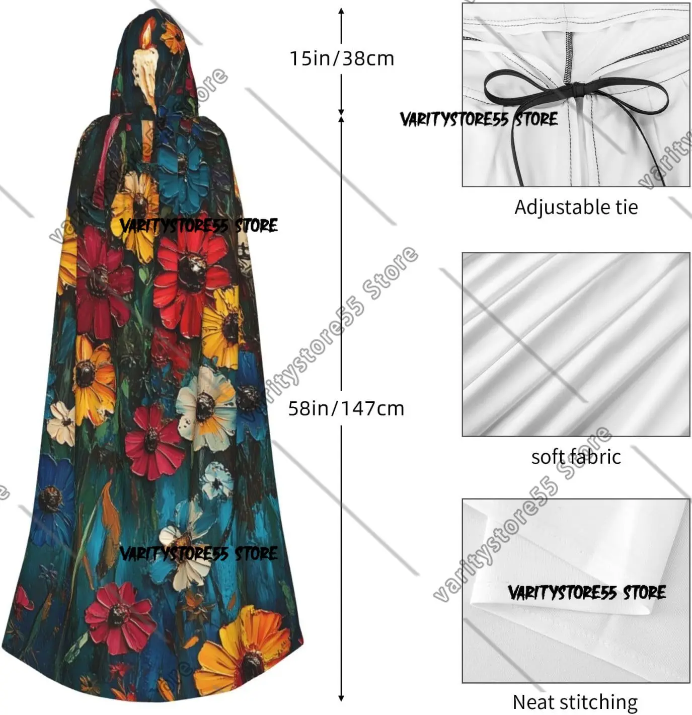 Mantello con cappuccio per costume di Halloween con mantello con cappuccio per strega adulta con teschio di candele messicane