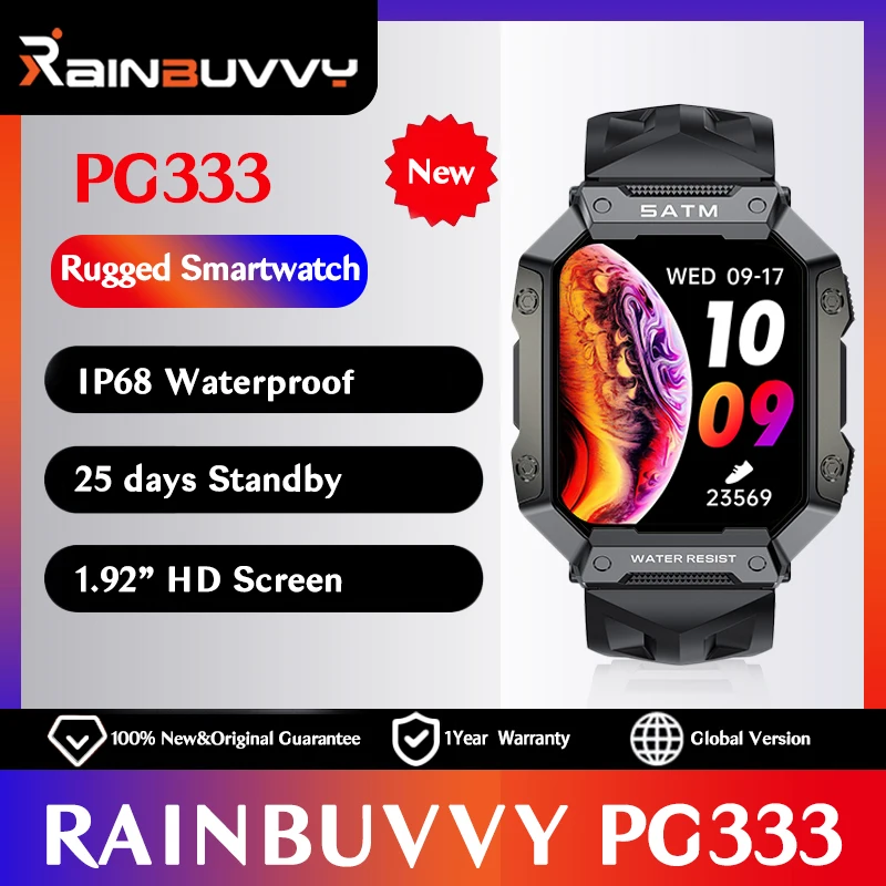 Rainbuvvy PG333 Rugged Smartwatch Outdoor Sports Fitness 24h Blood Oxygen Monitor Military Waterproof Smart Watch for Men