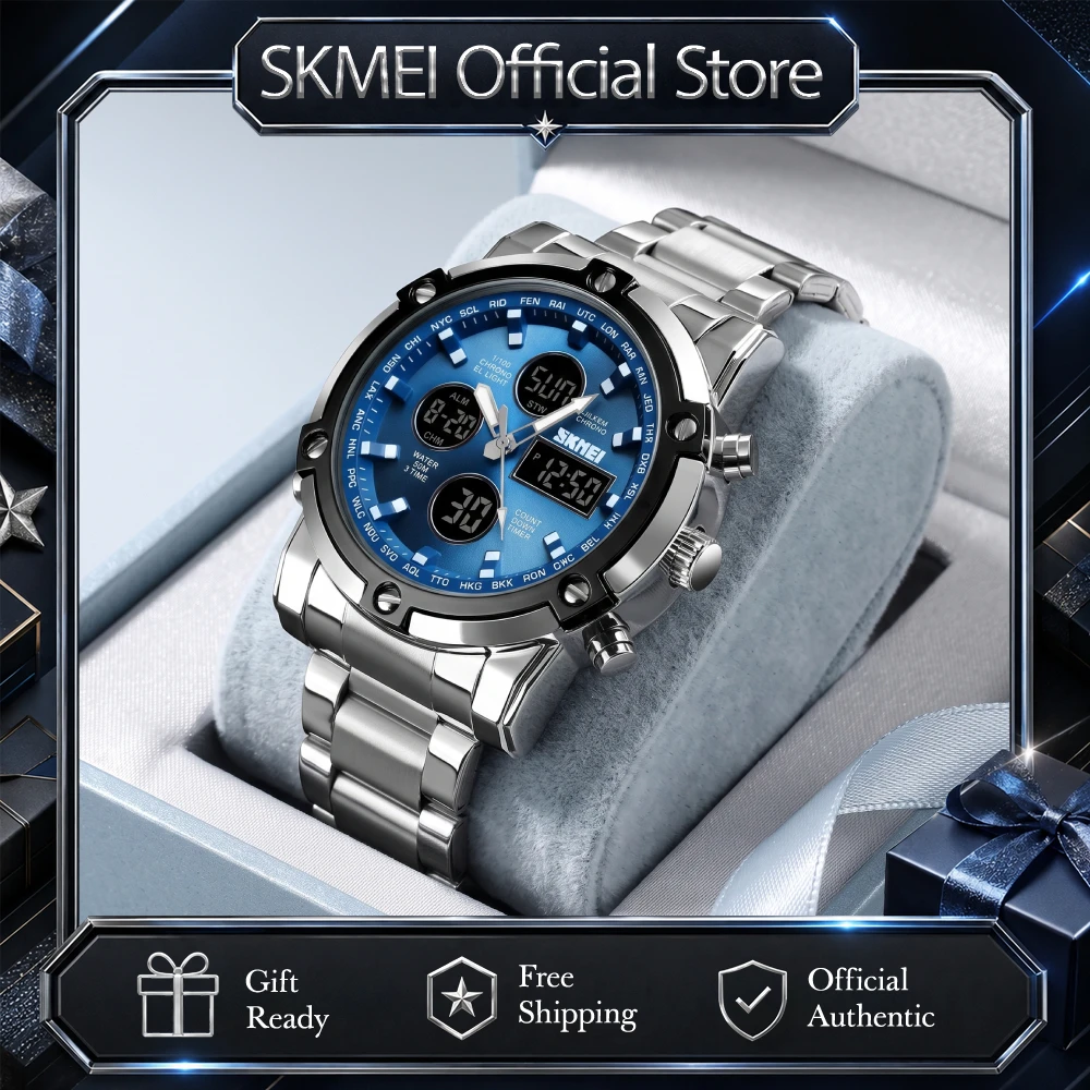 SKMEI Men Countdown Steel Strap Electronic Wristwatch Three Time Clock Digital Quartz Watch Dual Display Watch Relogio Masculino