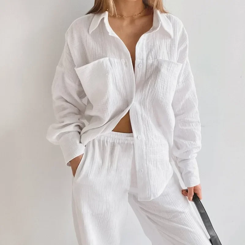 Muslin Women\'s Pajamas 100%Cotton Long Sleeve 2 Piece Sets Nightwear Female Casual Trouser Suits 2024 Spring Sleepwear Home Suit