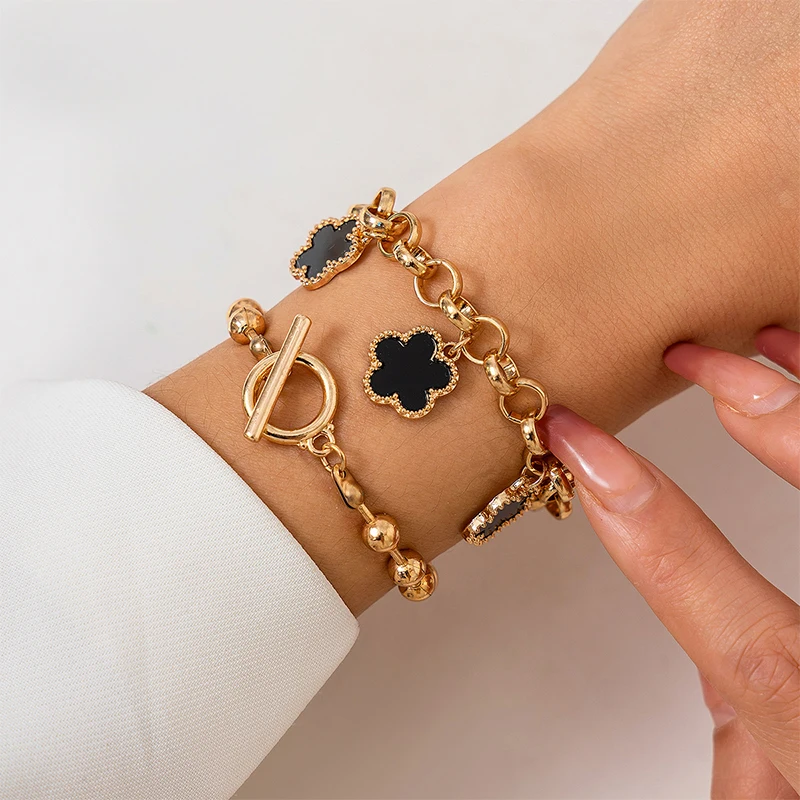 Trendy Geometric Link Chain Bracelet Set For Women Rhinestones Gold Color Five leaf flower clover Pendant Open Cuff Bangle Girls