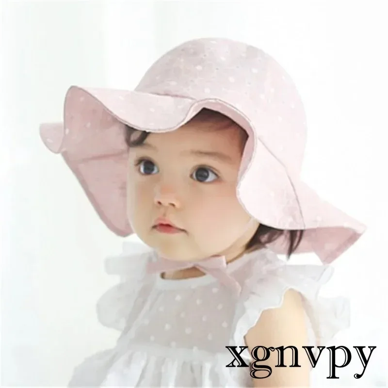 Xgnvpy New Hollowed-out Polka Dot Sweet and Cute Baby Wide Brimmed Sun Hat Beach Hat Baby Sunscreen Hat