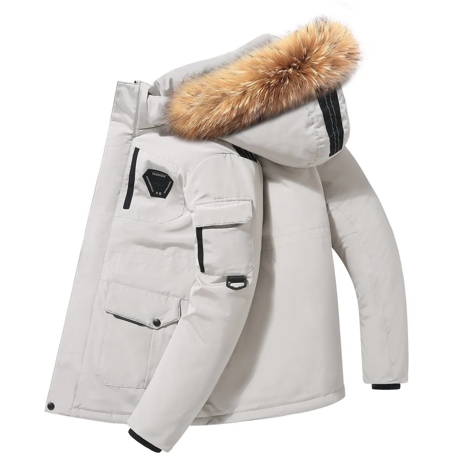 Men's Windproof Zipper Warm Removable Hooded Jacket Super Thick Cold-proof Abrasion Resistant Outdoor Sports Lightweight Style
