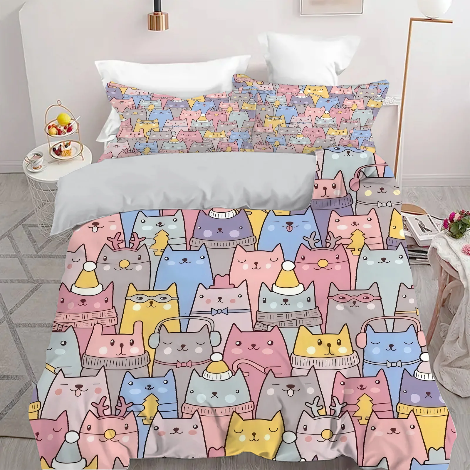 Cartoon Cats 3D Printed Bedding Cover Cute Animal Theme Duvet Coverset  For Kids Teens Adults Polyester Quilt Cover Pillowcase