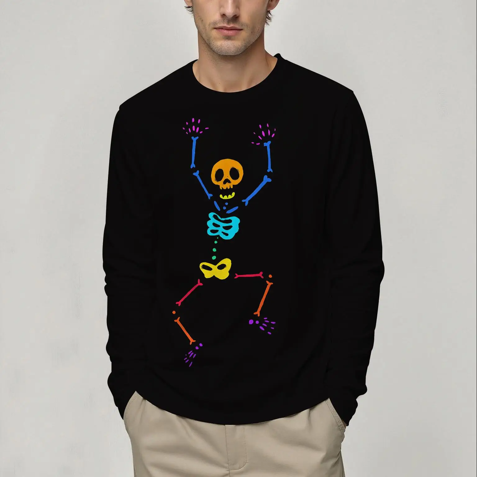 Langarm-T-Shirt für Herren, Rundhalsausschnitt, Frühling und Herbst, Farbe, Totenkopf, lässig, modisch, bequem, vielseitig, atmungsaktiv