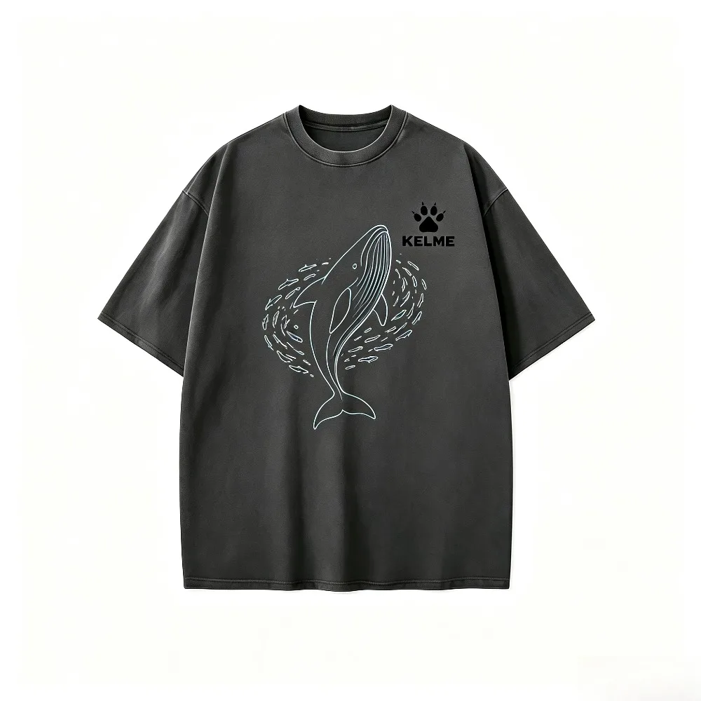Men Casual Oversized Crew Neck T Shirt Minimal Line Art Whale Print Loose Streetwear Daily Summer Short Sleeve Tee