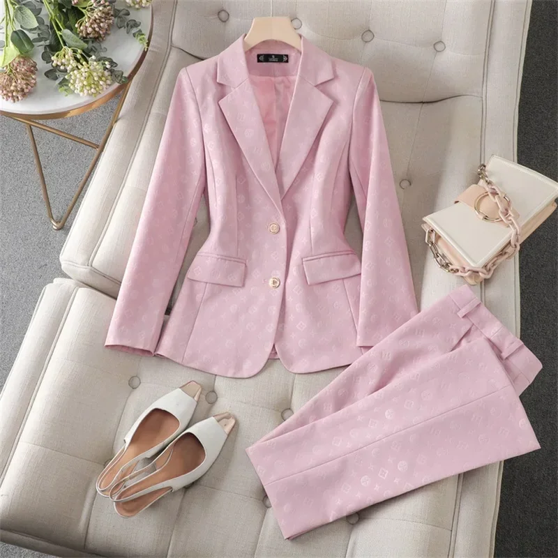 Pink Women Suit Pants Set 2 Piece Blazer Trousers Female Spring Office Lady Business Work Wear Girl Formal Elegant Coat Jacket