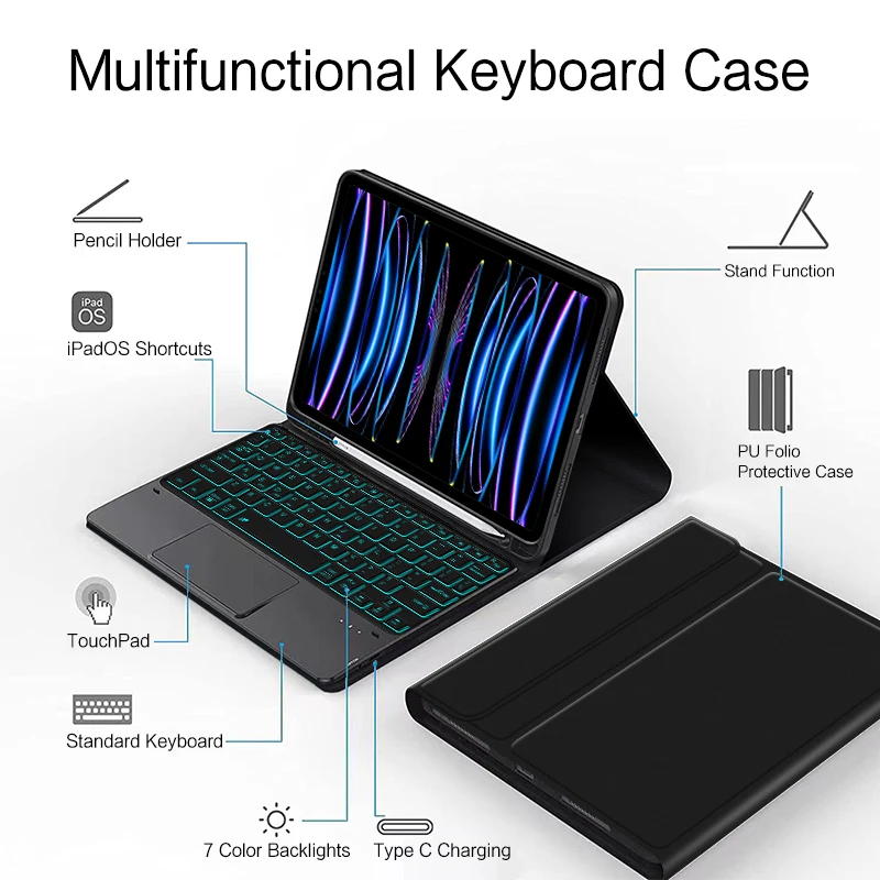 AJIUYU Keyboard Case For iPad 9.7 inch 2018 2017 5th 6th Air 3rd 4th 10th 10.2 10.5 Pro 11 Magic Smart Cover Backlit TrackPad