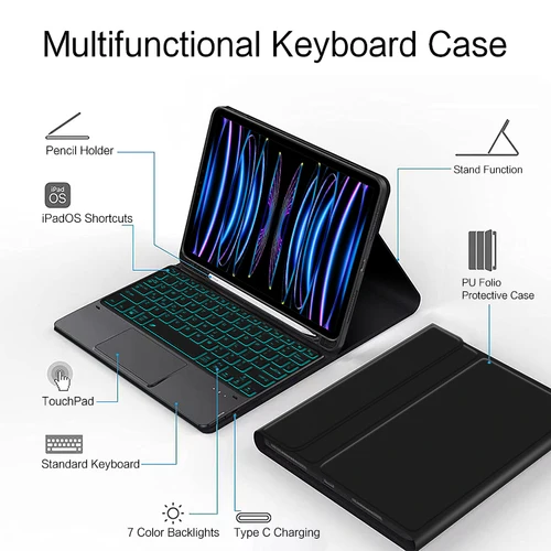 Imagen 2 del producto Funda con teclado AJIUYU para iPad 10th 10,9 pulgadas Air 4th 5th 6th 9th Pro 11 12,9 3rd 10,5 ""10,2"" 9,7 Magic Smart Cover táctil retroiluminado