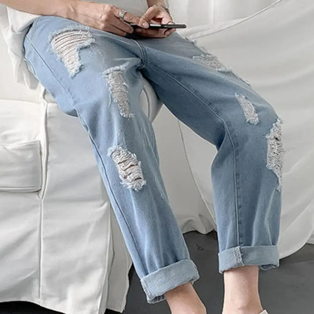 Men Pants Solid Color Ripped Mid Waist Casual Students Jeans for Daily Wear