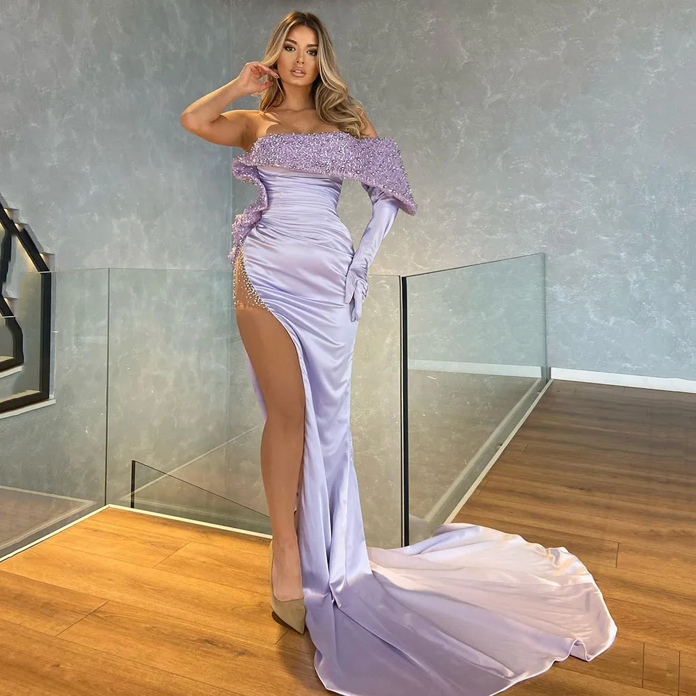 

Lilac Sexy Evening Dresses One Shoulder Sequin Long Sleeve Gown Pearls Side Slit Satin Formal Dress