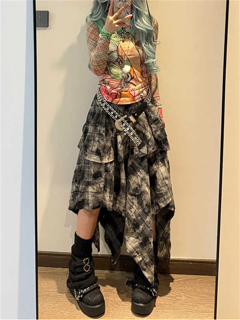 Summer Women Irregular Abi Y2k Midi Skirt Plaid Harajuku Japanese 2000s Grunge E-girl A-line Cyber Punk Goblin Core Tide Kpop