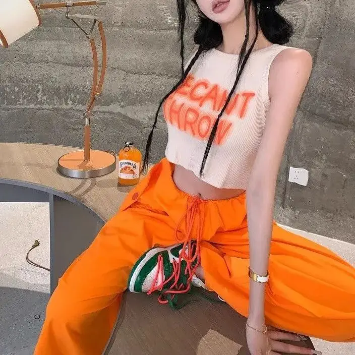 Two-Piece Suit Vest Top High Waist And Leg Pants Vintage Cargo Pants Baggy Trousers Hip Hop Sporty Sweatpants Korean Retro