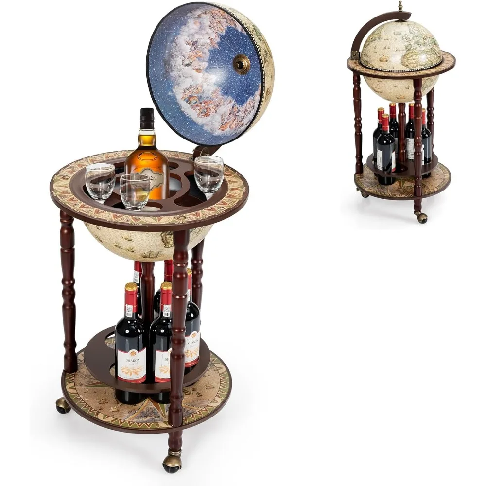 

LDAILY 17.5’’ Wood Globe Bar, 16th Century Italian Replica Vintage Bar Cart with Wheels, Alcohol Cabinet with Liquor Storage, Bo
