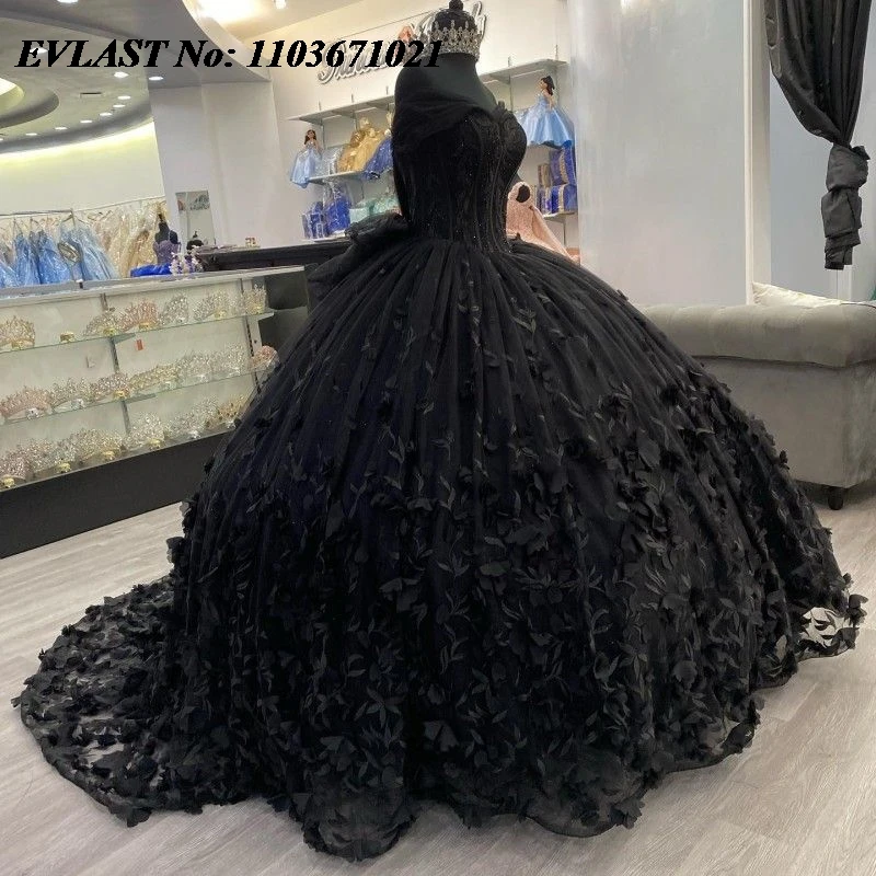 EVLAST Mexican Black Quinceanera Dress Ball Gown Floral Applique Beading With Bow Corset Sweet 16 Vestidos De XV 15 Anos SQ25