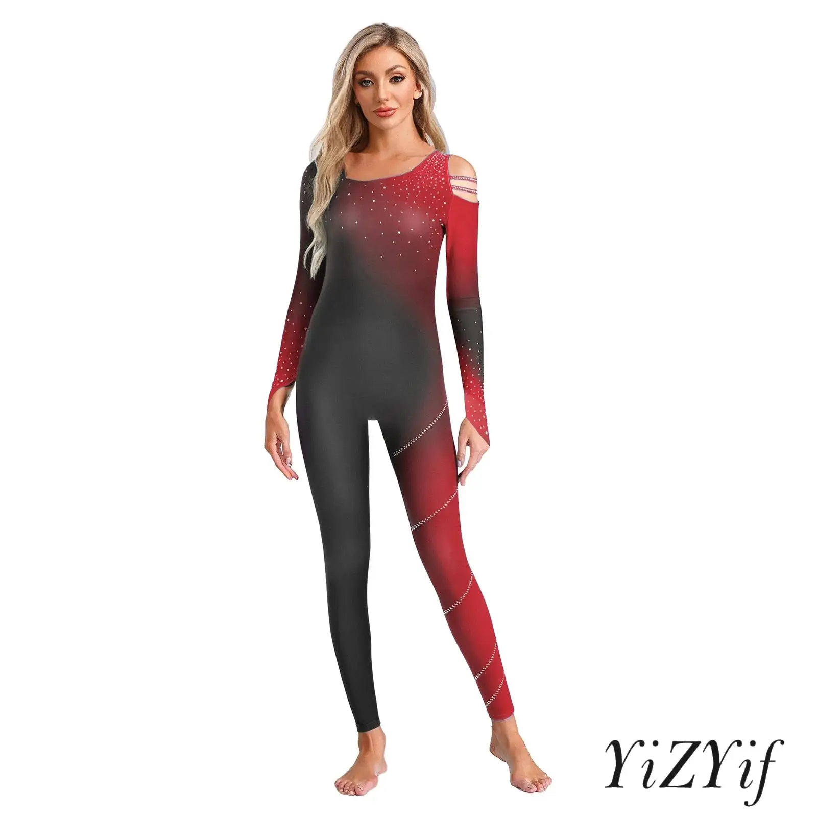 

‌Figure Skating Dance Gradient Color Jumpsuit for Womens Glittery Embellishments for Sports Dancing Stage Shows Stylish Outfits