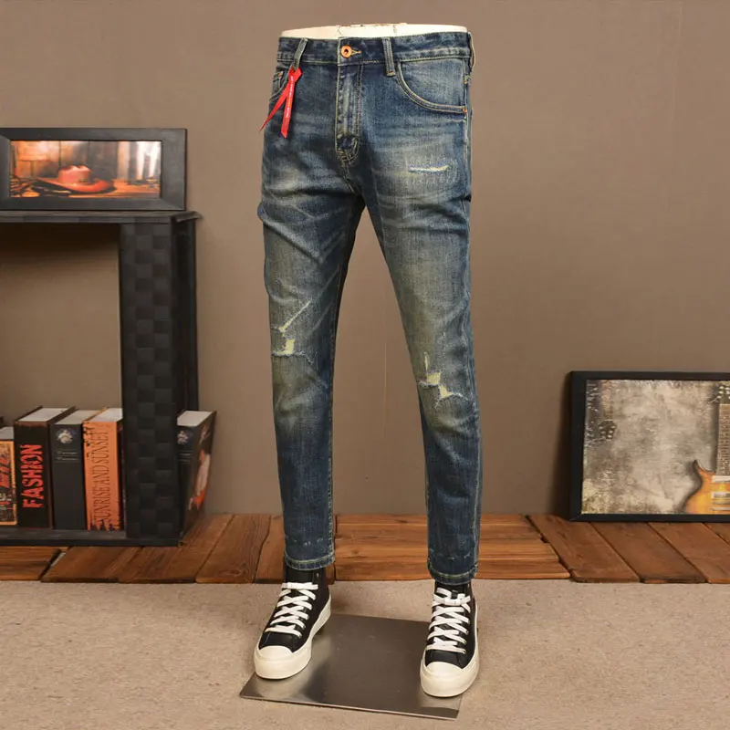 

European and American designer jeans da uomo di moda High Street retro blue stretch slim fit jeans, da uomo designer pencil pant