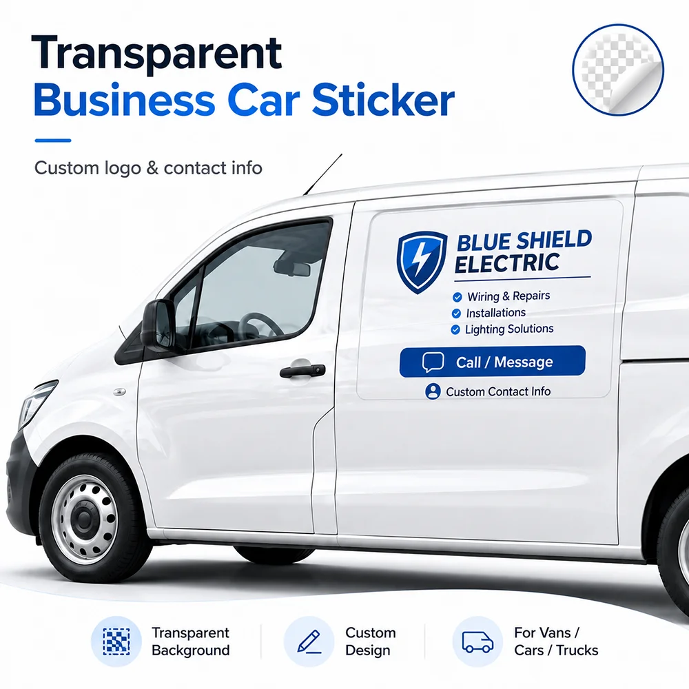 Custom Transparent Business Car Sticker – Professional PVC Vinyl Logo Decal, Large Size Vehicle Branding