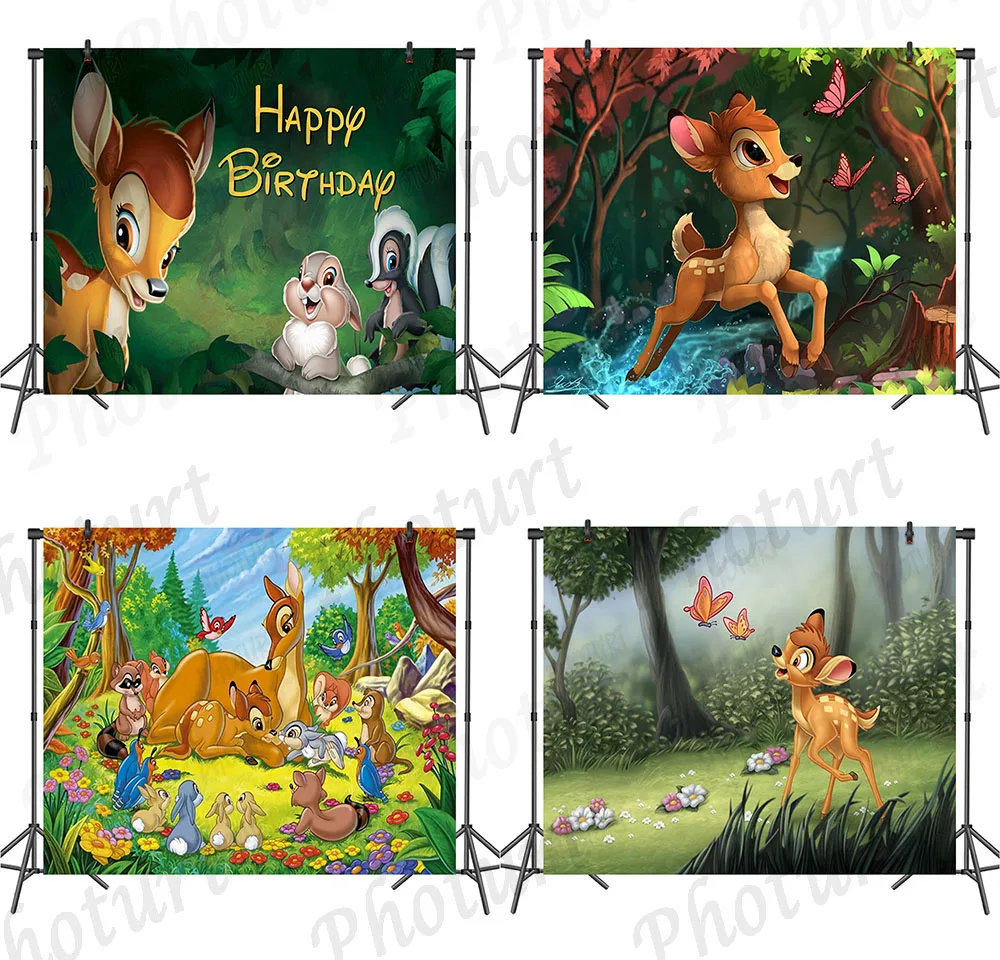 Disney Bambi Deer Backdrop Kids Birthday Baby Shower Background Forest Animals Polyester Vinyl Photography Decoration Props