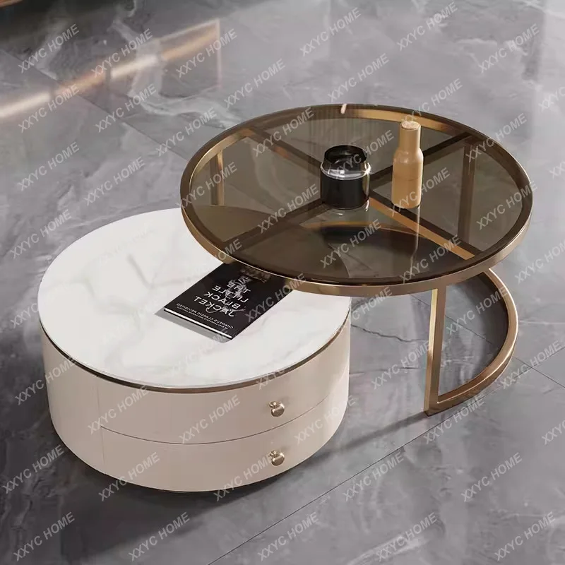 Cream wind rock slab coffee table living room advanced sense modern minimalist household size apartment metal size round