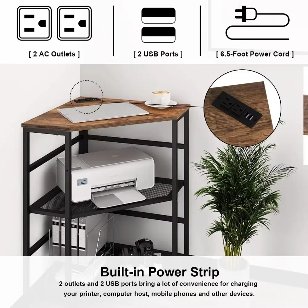 Corner table with power socket charging plug USB port adjustable storage shelf computer tower CPU stand home office