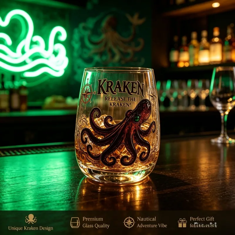 Kraken Octopus Whiskey Glass Vintage Nautical Compass Print Lowball Tumbler Heavy Clear Crystal Spirits Cup Unique Sea Monster