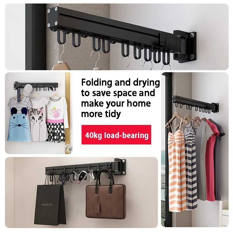 

Black Folding Drying Rack Wall Mounted Telescopic Clothes indoor And Outdoor Simple Hanger Hook Clothesline