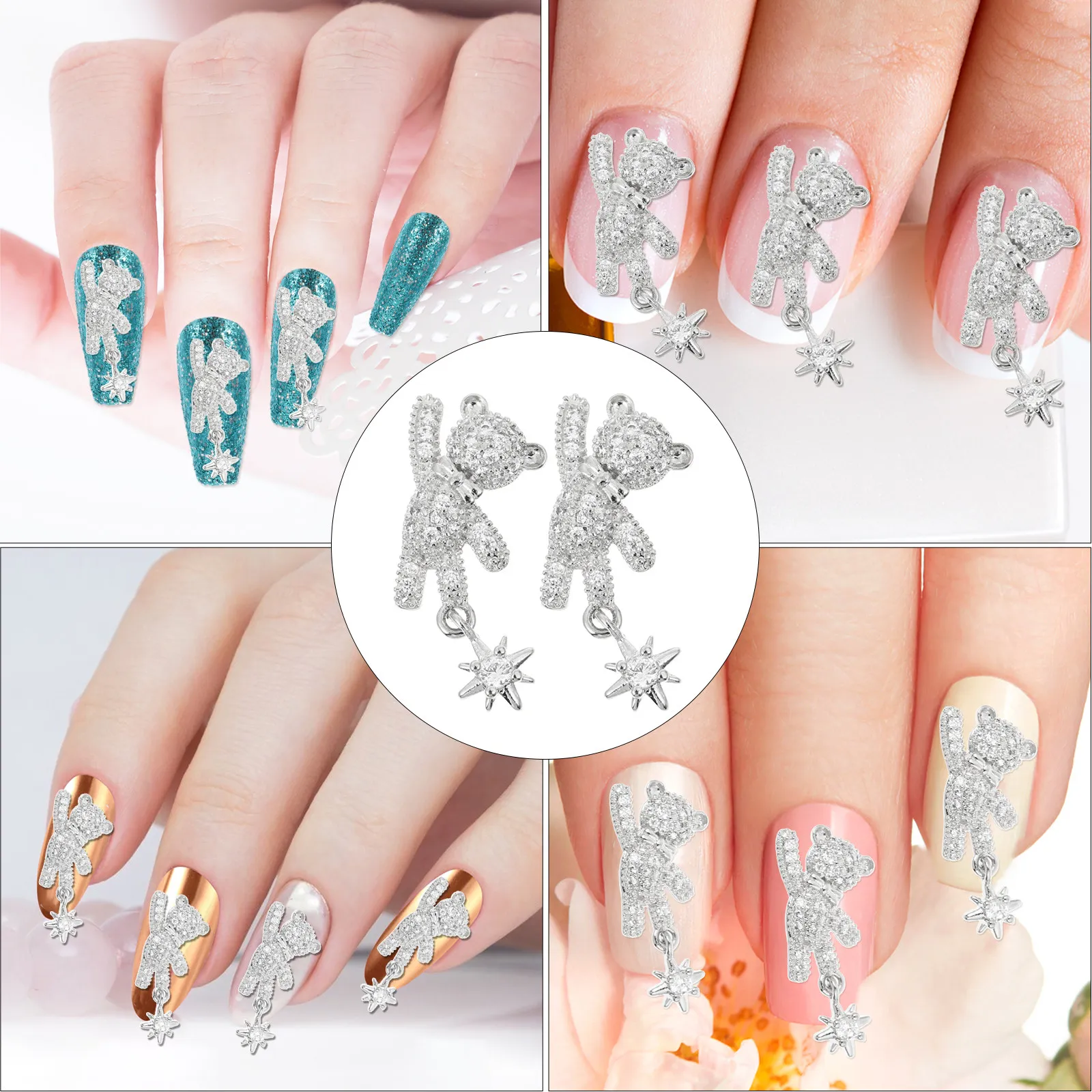 5Pcs Bowknot Bear Nail Art Studs Japanese Style Alloy Nail Decorations Lovely Delicate Manicure Supplies for Women