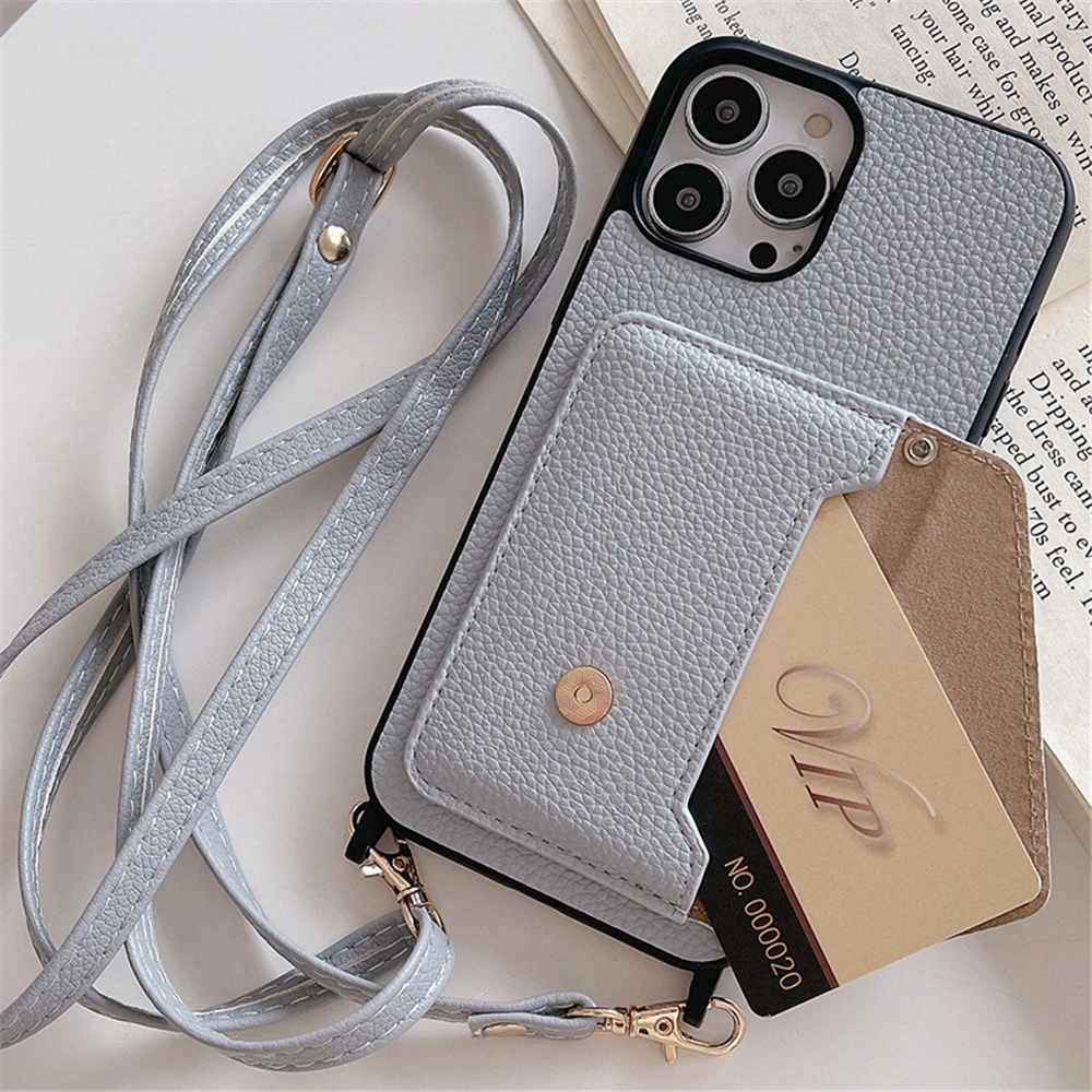 

Wallet Shoulder Strap Case for iPhone 16 Pro Max 11 12 13 14 15 Pro Max 16 Plus Leather Card Pocket Lanyard Phone Back Cover