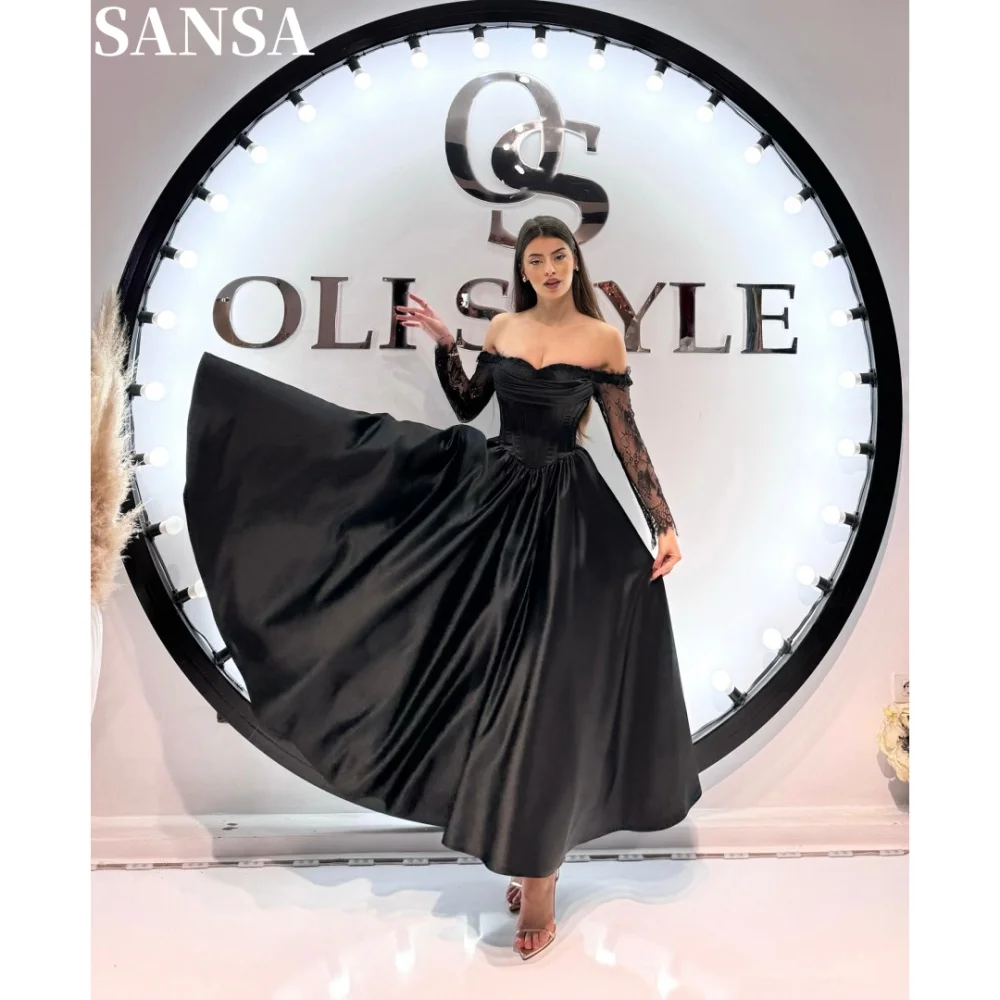 

Sansa Formal A-Line Satin Prom Dress Customized Ankle-Length Off Shoulder Draped Wedding Dresses Lace Sleeve Vestidos De Fiesta