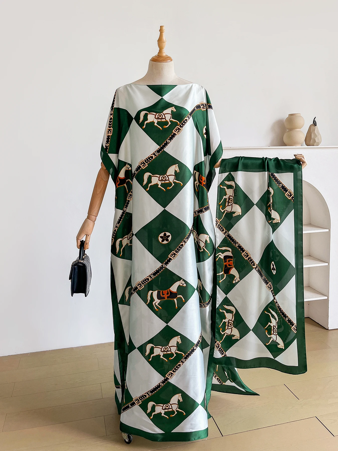 Luxury Horse Print Silk Satin Abaya Set With Matching Hijab Scarf, Loose Batwing Maxi Kaftan Dress For Muslim African Women