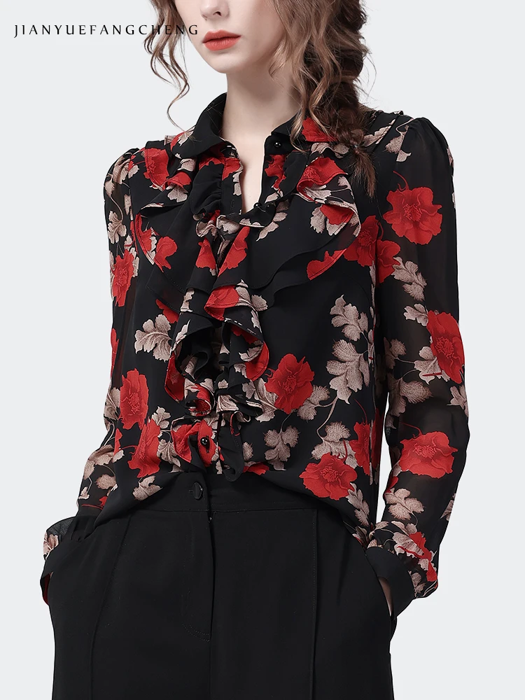 Vintage Black Floral Printed Women\' Long Sleeve Chiffon Blouse Ruffles Top Loose Plus Size 2023 Spring Summer Casual Work Shirts