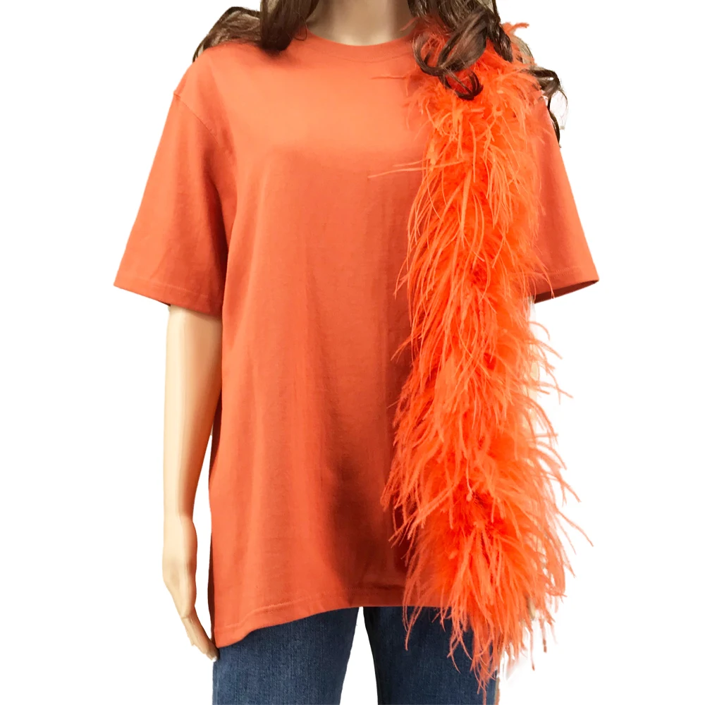 Women's Short Sleeve T-Shirt with Real Ostrich Feather Baggy Top Crew Neck Summer Y2K Orange top plus size clothing Punk style