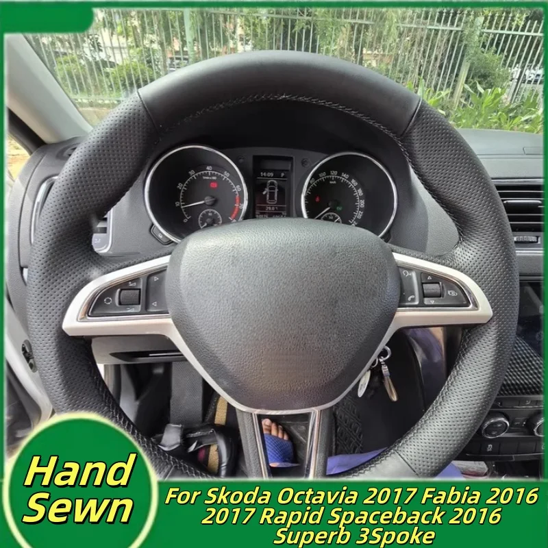

Car Steering Wheel Cover Hand-Sewn Microfiber Leather For Skoda Octavia 2017 Fabia 2016 2017 Rapid Spaceback 2016 Superb 3Spoke