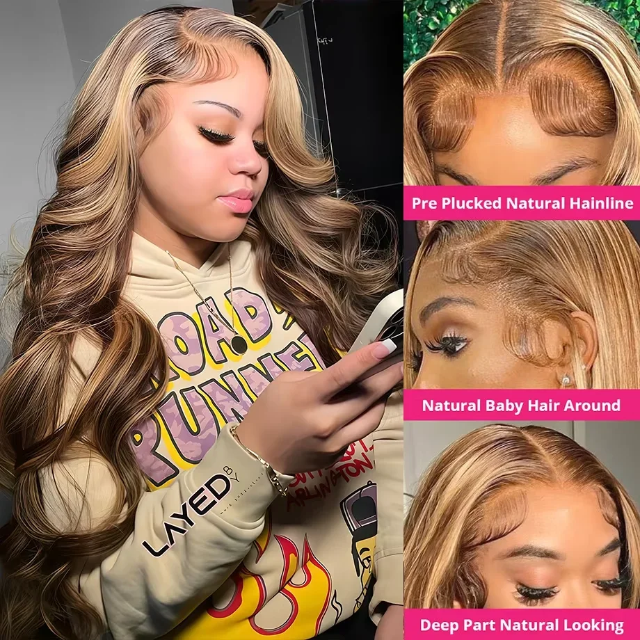 วิกผมแท้แบบลูกไม้ด้านหน้า 13x6 HD  แบบลอนคลื่น  ไฮไลท์สีน้ำตาลอมเบรนน้ำผึ้ง  ขนาด 18-46 นิ้ว  รุ่น P4/27  วิกผมแท้แบบลูกไม้ด้านหน้า 13x4 สำหรับผู้หญิง