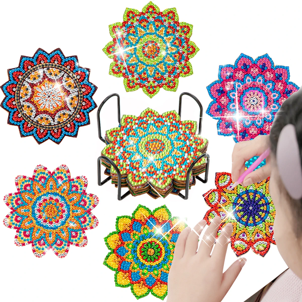 

GATYZTORY 6pc/sets 5D Diamond Painting Coaster With Holder Mandala DIY Diamond Painting Kits Table Placemat Cup Mat Pad