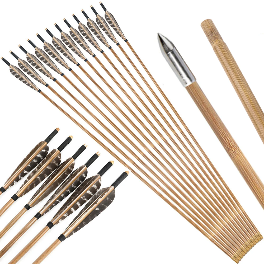 

6/12pcs Archery Bamboo Arrows 33.5inch OD 8mm 125Grain Arrowheads Natural Feathers Traditional Bow Hunting Shooting Bamboo Arrow