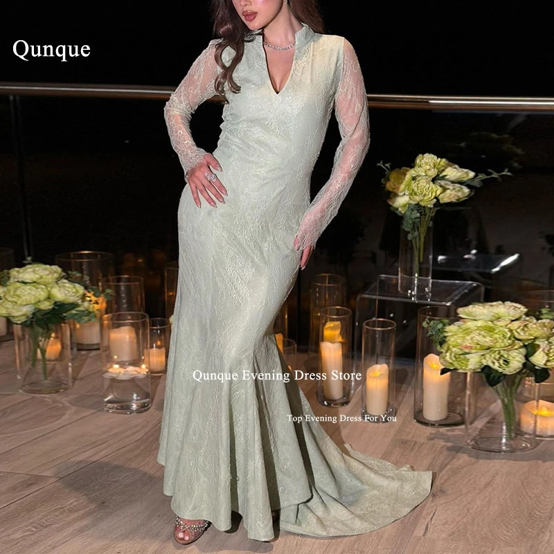 

Qunque Mermaid Evening Dresses V-neck Celebrity Dresses See Through Long Sleeves Train Vestidos De Ocasião Formal Evening Gowns