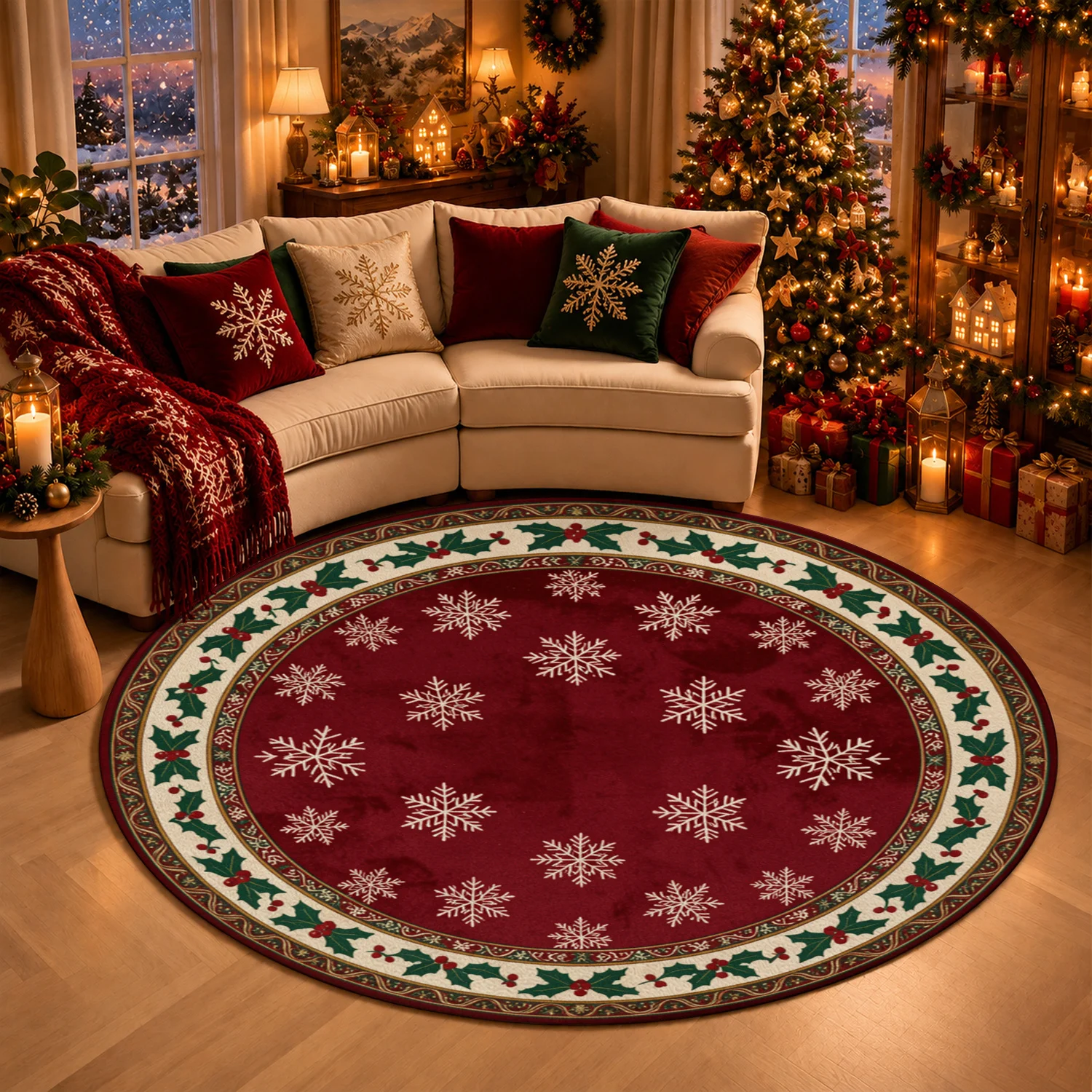 Snowflake Holly Pattern Round Velvet Rug Machine Washable for Living Room Dining Room Entryway Perfect for Halloween Thanksgiving Christmas New Year Black Friday Cyber Monday
