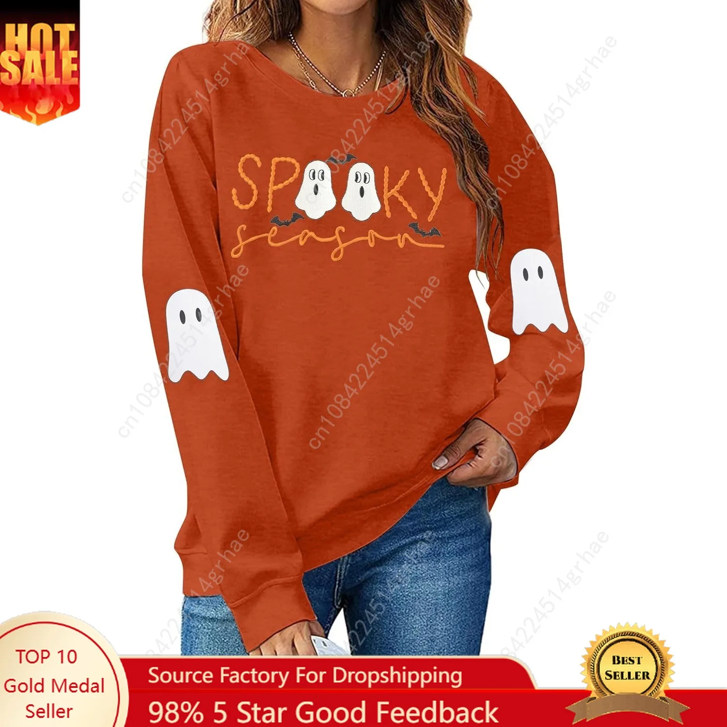 

Spooky Season Sweatshirt Women Embroidered Halloween Sweatshirt Ghost Crewneck Fall Sweater Pullover Top