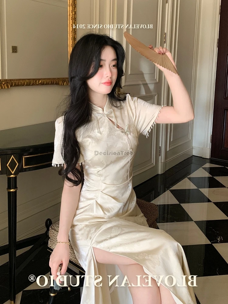 

2025 new chinese traditional style improved retro slimming cheongsam dress for women short sleeve high slit jacquard long qipao