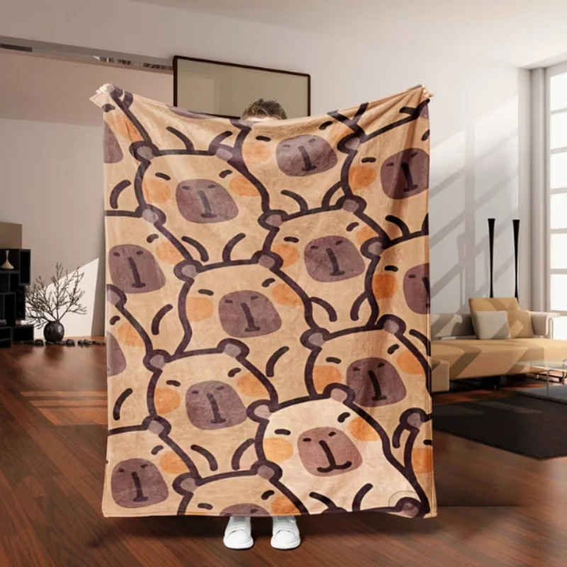 Cute Cartoon Capybara Blush Face Full Print Khaki Base Flannel Blanket For Sofa Bedroom Daily Use Kids Home Warm Decor
